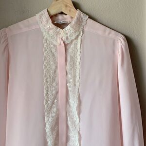 Vintage NILANI Pale Pink Lacr Trim Sheer Blouse
